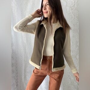 Vintage Y2K Old Navy Olive Sherpa Fleece Zip Vest Cabin Outdoor Layering